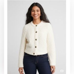 Talbots Boucle Ivory Wool Blend Button Front Cardigan Sweater Jacket